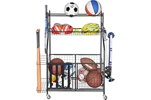 Snail Garage Storage System Sports Equipment Organizer with Baskets and Hooks, Sports Gear and Ball Storage Rack with Wheels for Garages, Playgroup, Gym and Schools, Powder Coated Steel, Black