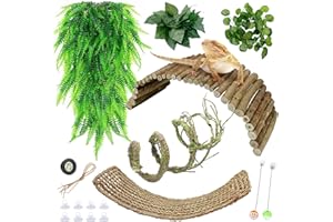 Apatal Bearded Dragon Tank Accessories Kit - 9 PCS Reptile Hammock Wooden Bridge Hideout Bendable Jungle Vine Hanging Lizard Plant Leaves Terrarium Thermometers Habitat decor for Snake Climbing Hiding