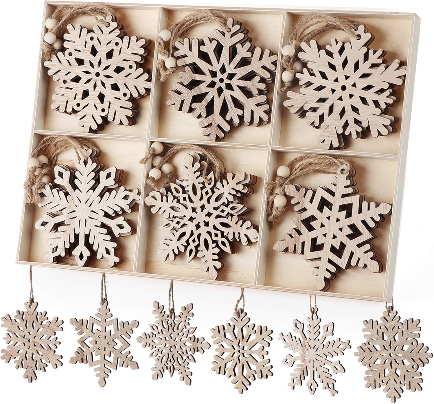 Ornaments - 24Pcs Wooden Snowflakes Ornaments 4'' Christmas Tree Hanging Decorations Rustic Ornament Wood Crafts