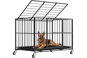 DOCAGT 48/42/38 Inch Heavy Duty Dog Crate Steel Escape Proof, Indoor Double Door High Anxiety Cage, Removable Tray, Kennel with Wheels,XL XXL