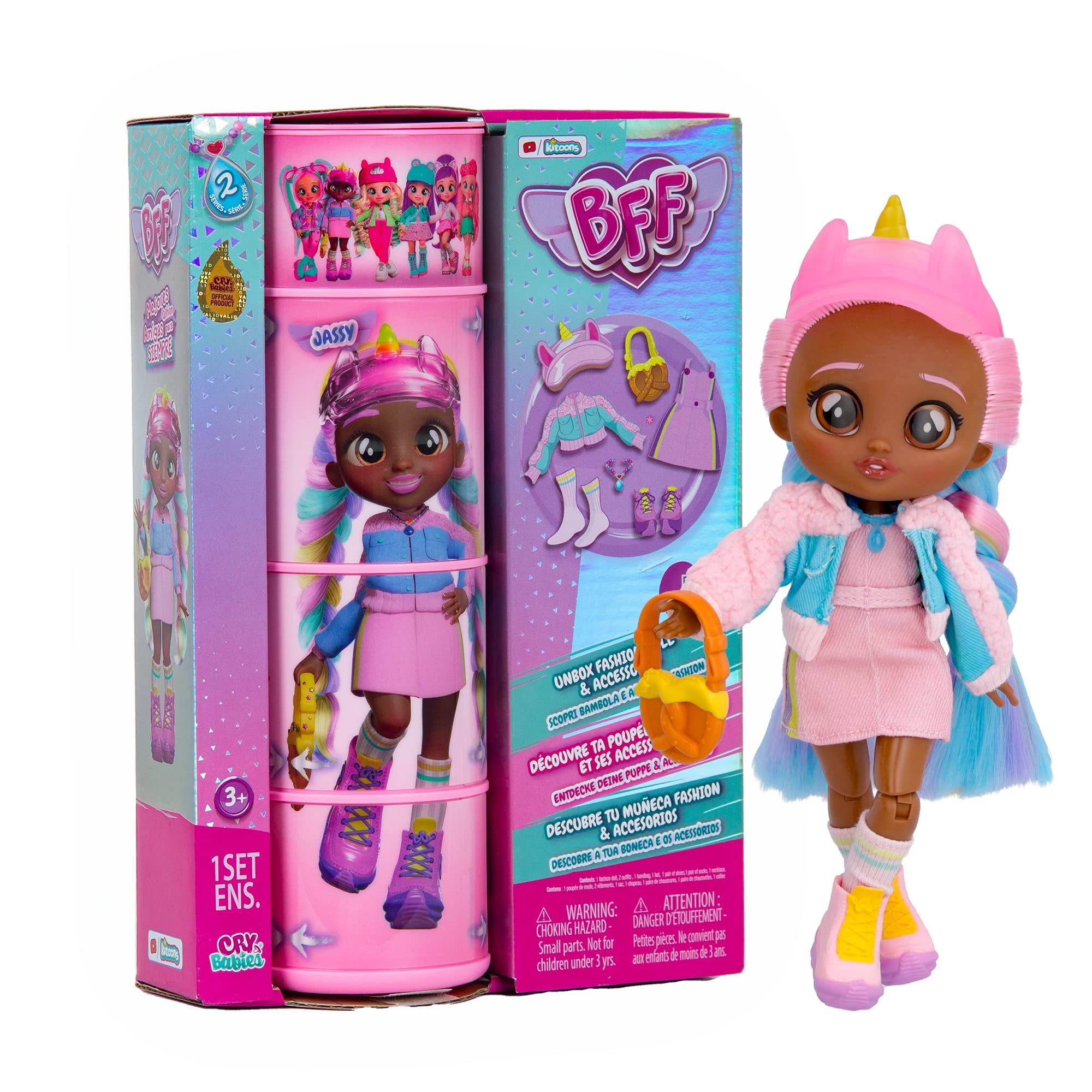 BFF by Cry Babies S2 Jassy Collectible fashion Doll with long Hair, fabric Clothes & 9 Accessories - Toy Gift for Girls and Boys +5 Years