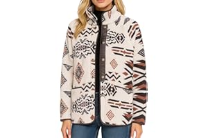 Women's Casual Fleece Jacket Coat Western Aztec Print Snap Button Down Jacket with Pockets Outerwear