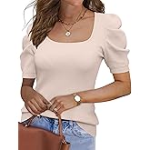 YZEGGO Womens Puff Short Sleeve Sweaters Square Neck Pullover Tops 2025 Summer Knit Dressy Blouse