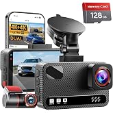 4K+4K Dual Dash Cam Front and Rear, Free 128GB Card, Starlight Night Vision | Dual-Channel Recording, 5.8GHz WiFi, 20MB/s Download Speed, GPS, 3" IPS Screen, Collision Sensor, 24H Parking Mode