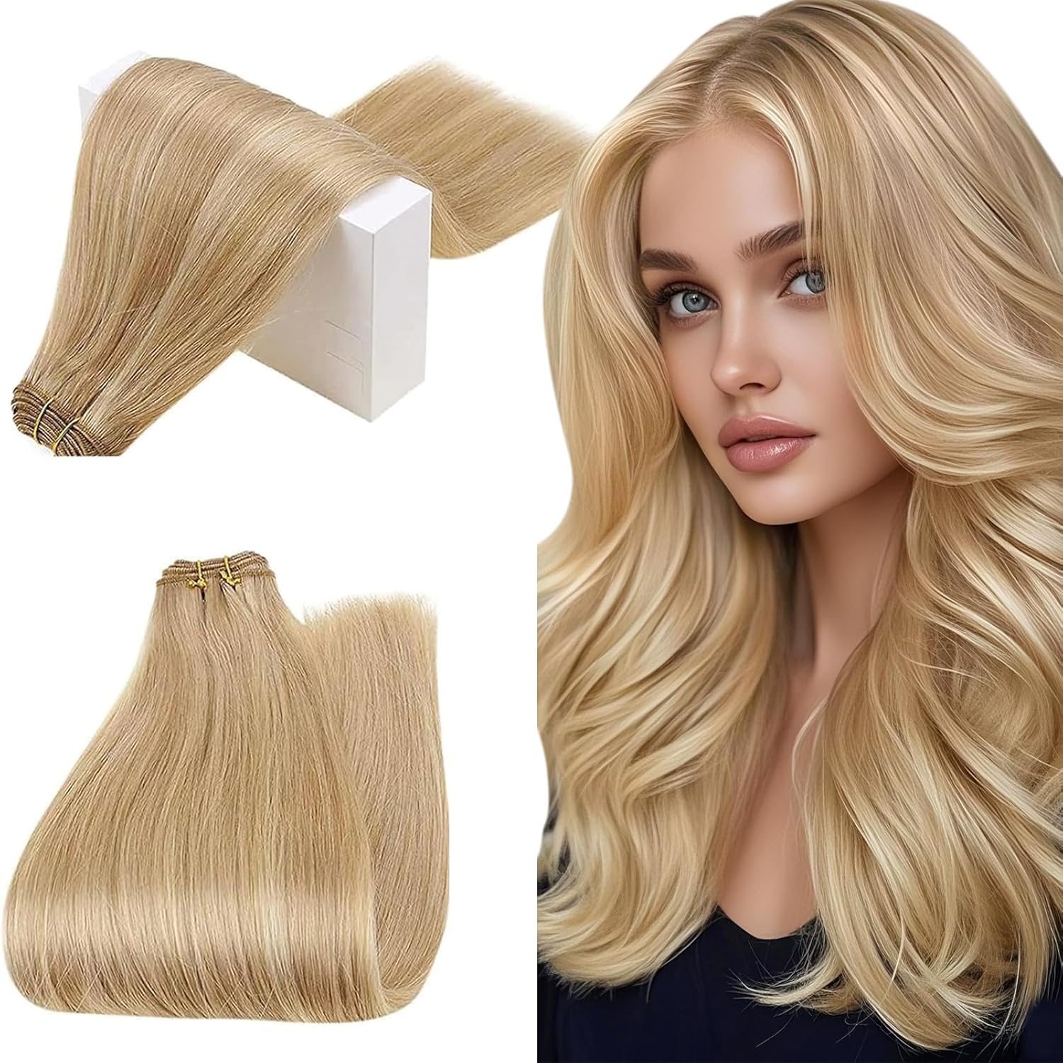 RUNATURE Weft Hair Extensions Real Human Hair Blonde Highlight Golden Blonde Sew in Hair Extensions Human Hair Full Head Straight Remy Invisible Double Weft Weave 100g/Pack 12 Inch #16P24 — image 1