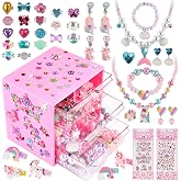 Faburo 42PCS Jewelry Toys for Girls, Unicorn Mermaid Princess Toys- Rings | Clip on Earrings, Necklaces, Hair Clips, DIY Stickers Box, Toddler Kids Play Jewelry for Girls 3 6 8 10 Birthday Gifts