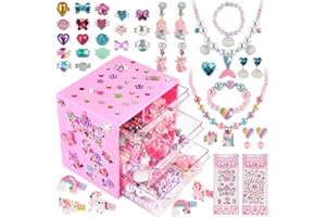 Faburo Jewelry Toys with Box for Girls, Unicorn Princess Toys- Rings, Clip on Earrings, Necklaces, Hair Clips, Toddler Kids Play Jewelrys for Girls 3-5 6 7 8 9 10+ Christmas Birthday Gifts