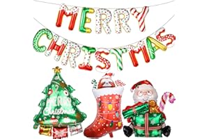 AxiyanX Merry Christmas Balloons Banner Kit - 14 Letters Santa Tree Stocking Foil Balloons for Xmas Party Decor, No Helium Needed Indoor Outdoor Decorations