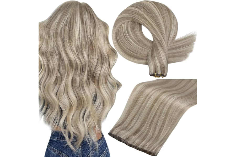 Full Shine 22 Inch Human Hair Weft Sew In Hair Extensions Real Human Hair Hand Tied Hair Extensions Color Ash Blonde Highlight Bleach Blonde Bundles Straight Human Hair 60G