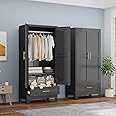 RISTERN Metal Armoire Wardrobe Closet with Hanging Rod, Clothing Storage Cabinet with Adjustable Shelf and Drawer for Laundry Room, Bedroom, Home Office, Bathroom, 71" Black Large Capacit
