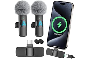 aLLreli iPhone 15 Mics, 2 Pack Wireless Lavalier Microphone for iP15 Pro/Max - Plug-Play Crystal Clear Sound Quality, Long Lasting for Interviews, Podcasts, Vlogs, and More