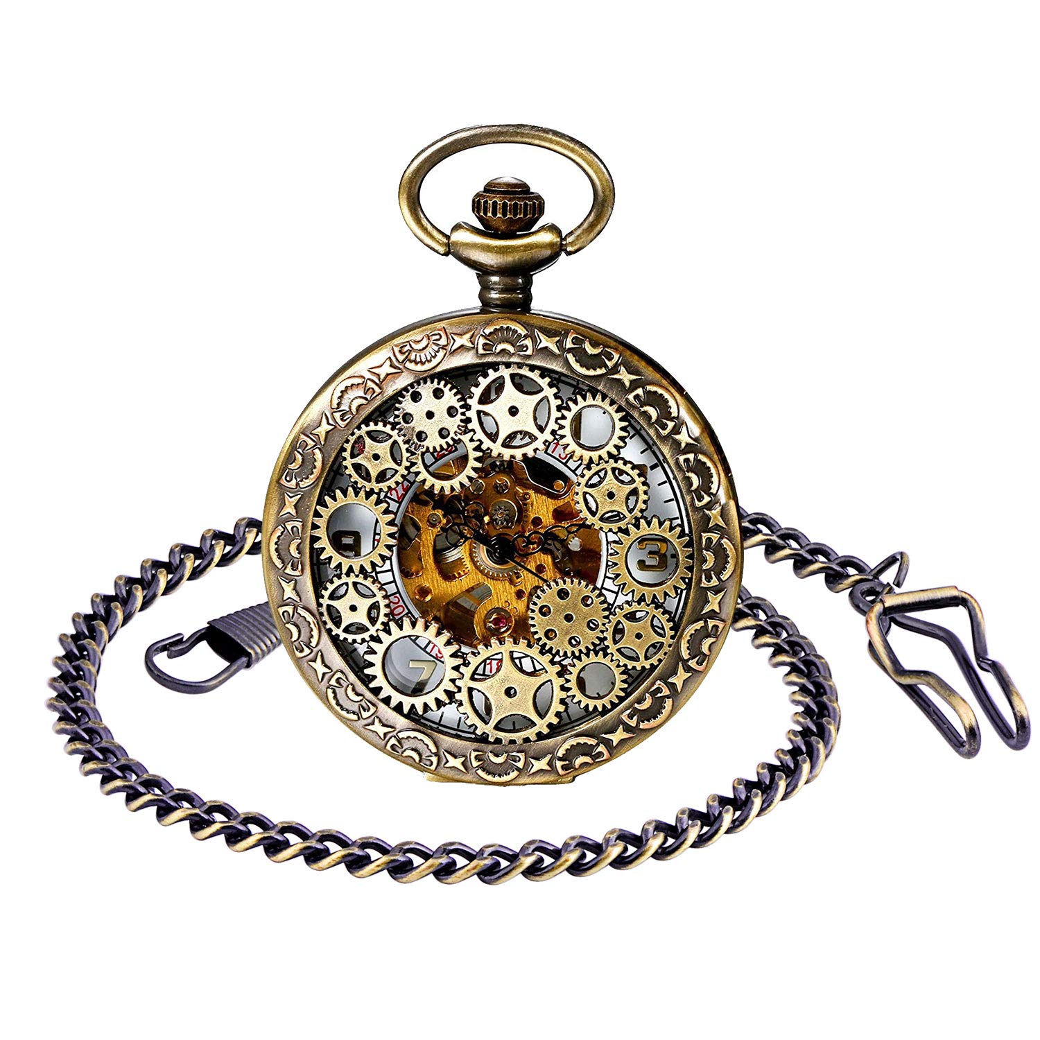 MICGIGI-Unisex Mechanical Hand-Wind Pocket Watch Retro Gear Punk Skeleton Pocket Fob Watches with Chain