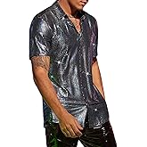 WDIRARA Men's 70s Sparkly Disco Top Crocodile Pattern Metallic Rave Button Down Shirt Short Sleeve Party T Shirt