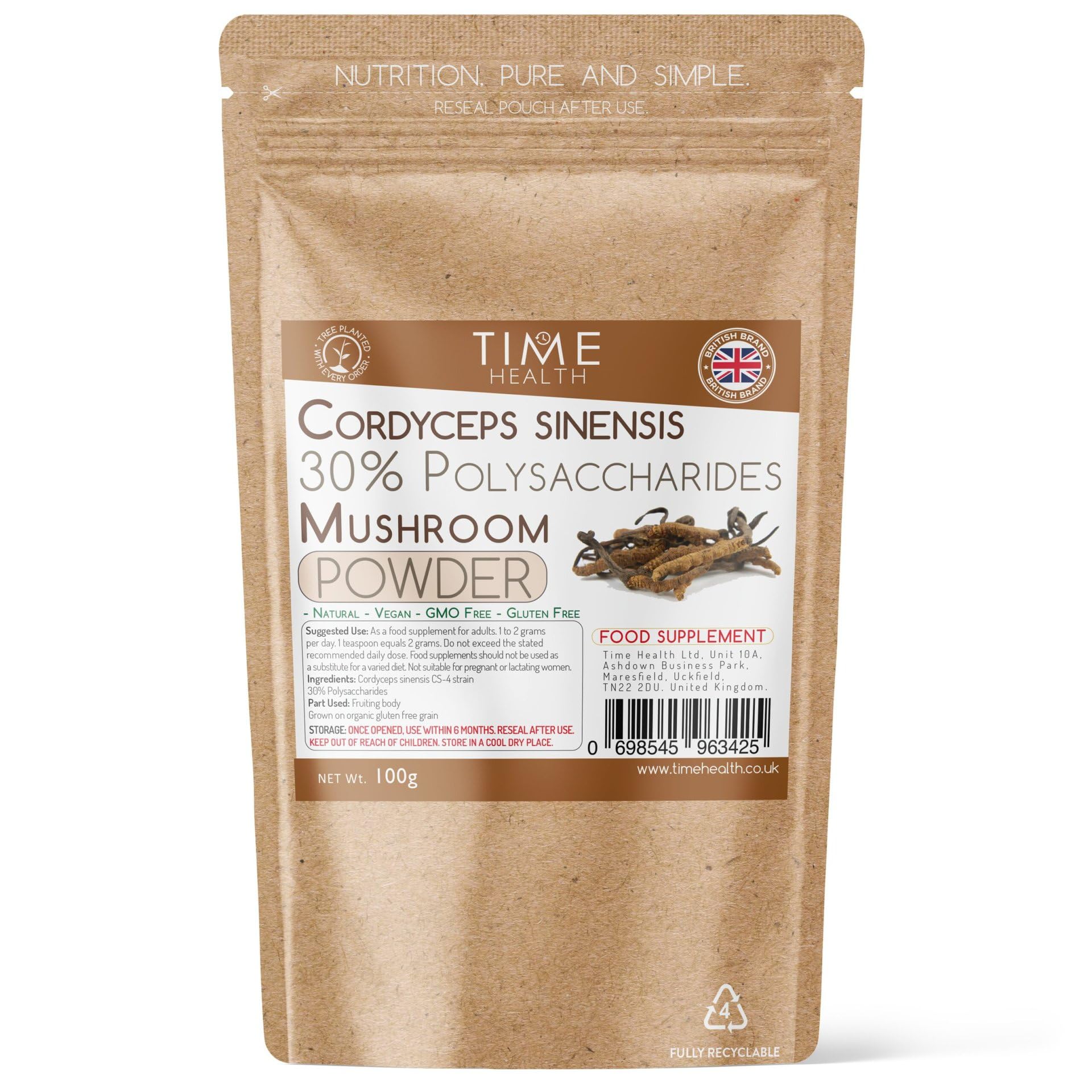 Cordyceps sinensis Mushroom Extract 100g Powder – 30% Polysaccharides (100g Powder Pouch)