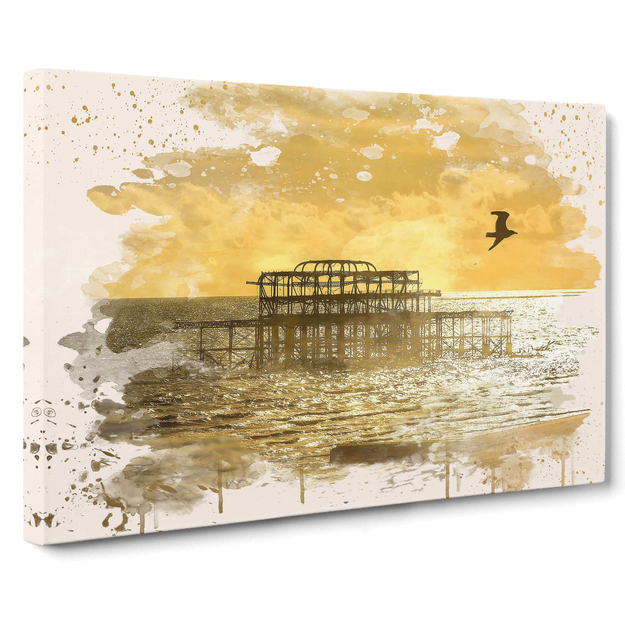 Brighton West Pier Beach Seascape Sunset Modern FC Canvas Print | Gallery Wrapped 30mm Frame Wall Art | 20x14 inches | Ready to Hang | Modern Seascape Picture | Living Room Bedroom Lounge Office