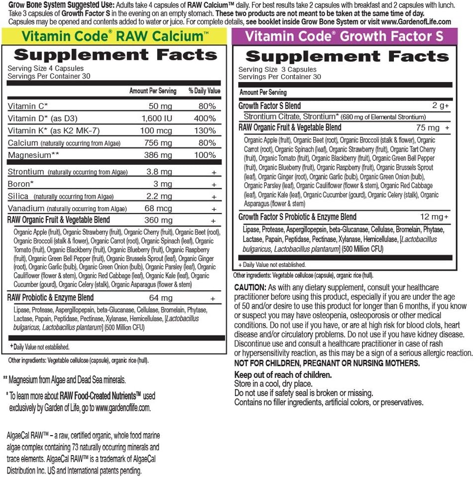 Garden of Life Raw Calcium and Growth Factors Supplement- Vitamin Code Grow Bone System Whole Food Vitamin with Strontium, Vegetarian (set): Health & Personal Care