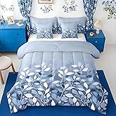 Feelyou Vintage Floral 7 Piece Bedding Set Twin Size Blue Botanical Comforter Set with Sheets for Kids Adult Leaves Plants Bed in a Bag Microfiber Bed Set