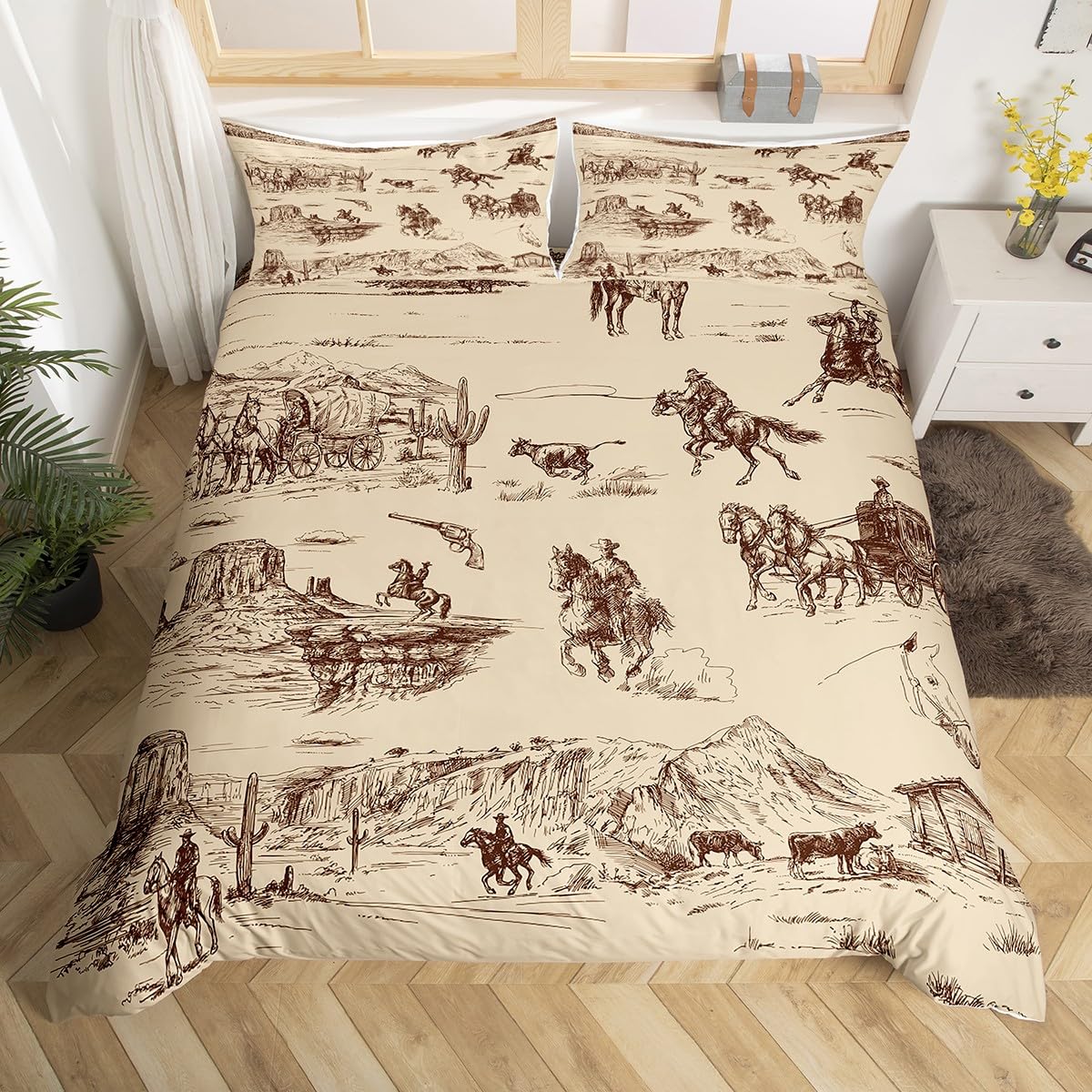 Homemissing Western Cowboy Comforter Cover For Boys & Girls - Vintage Western Bedding Set - Brown Farmhouse Bedspread Cover Bed Set With 1 Pillow Case - Single