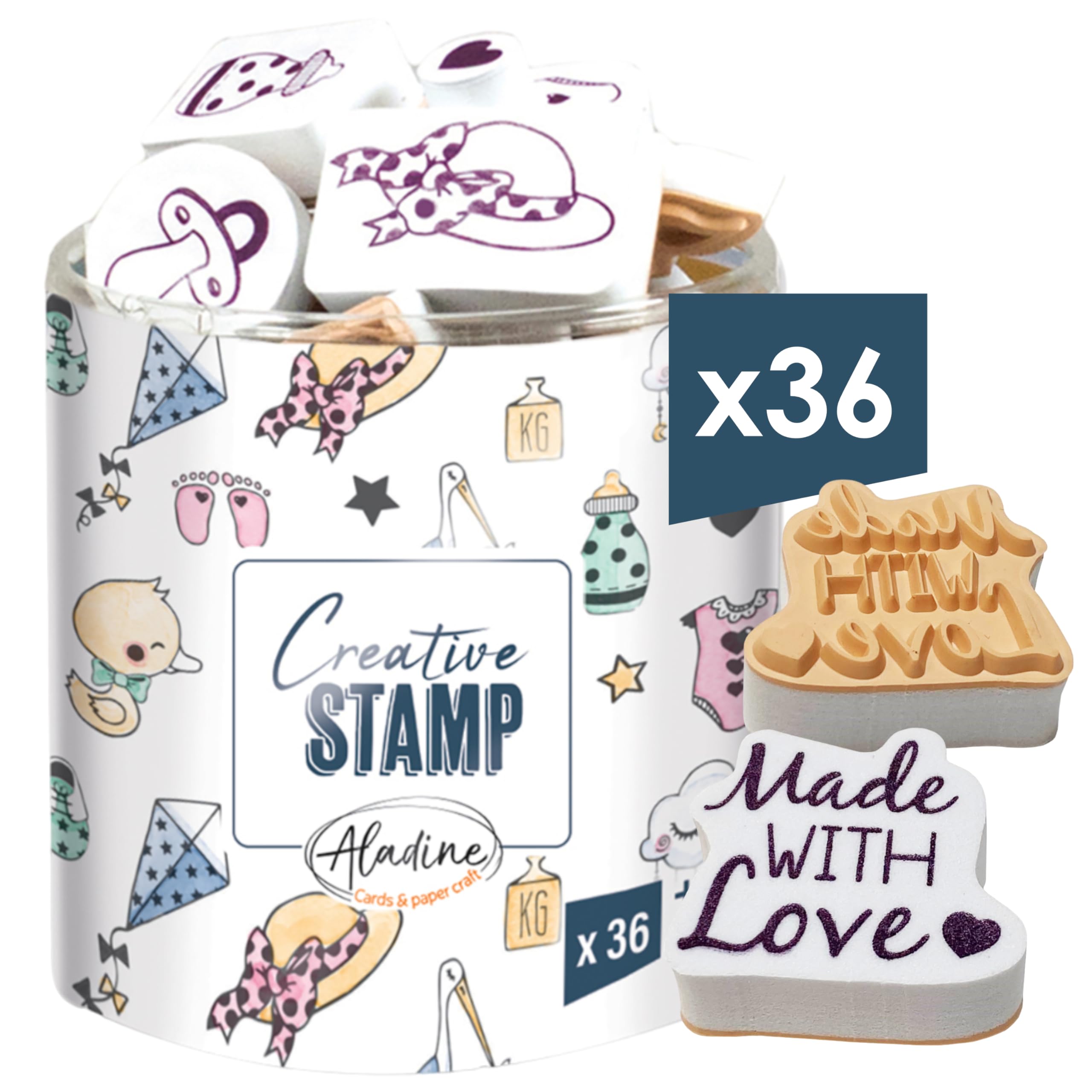 Aladine - Stampo Scrap Birth - Stamp kit for Creative Cartery - Scrap, DIY, creative leisure - Stamp set to take everywhere + Black Included Ink - Birth Theme