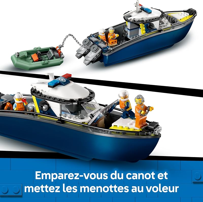 City Police Boat Chase Set - INCL. 2 Boat Toys, 3 Minifigures & a Shark Animal Figure - Gift for 6+ Year Old Boys & Girls - 60456