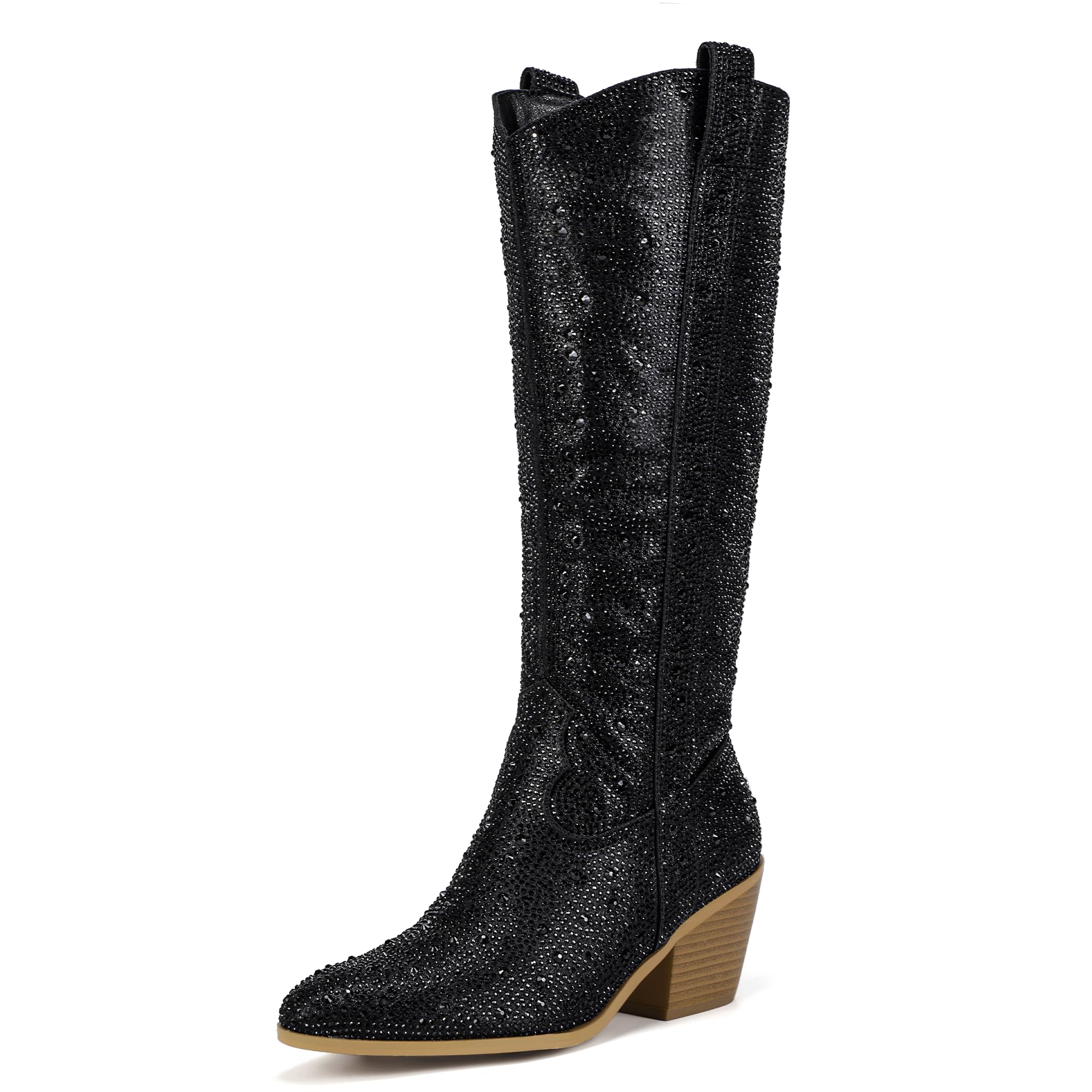 Photo 1 of IDIFU IN3 Rhinestone Cowboy Boots For Women Knee High Western Cowgirl Boots Pointed Toe Block Chunky Heels Sparkly Glitter Long Tall Dress Booties Party Bling Shiny Boots(Black Rhinestone, 7)