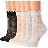 Qqmump Women's Ruffle Socks,Cute sheer Thin Cotton Sock, Friily Cuff,Cool Lace Elegant Socks,Girl's Sock 6 Pack (Size5-9)