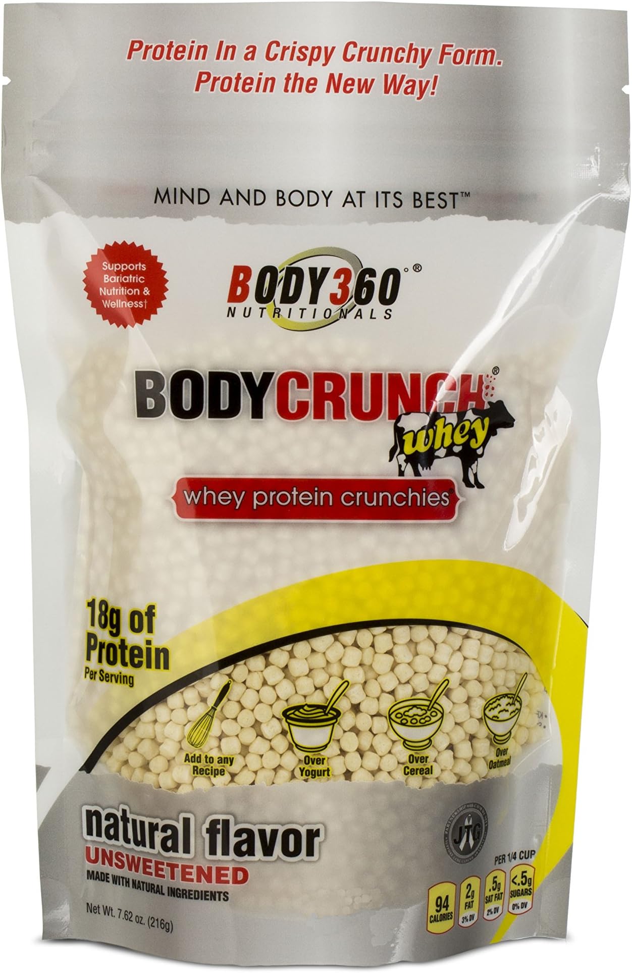 BodyCrunch Whey Protein Crunchies Cereal Supplement, Natural Unsweetened Flavor, Ultra Premium Quality Whey Protein Isolate/Concentrate Blend, 18G Of Protein & 4G Of Carbs, 17 Servings, Made In THE USA, 15.25 Ounce
