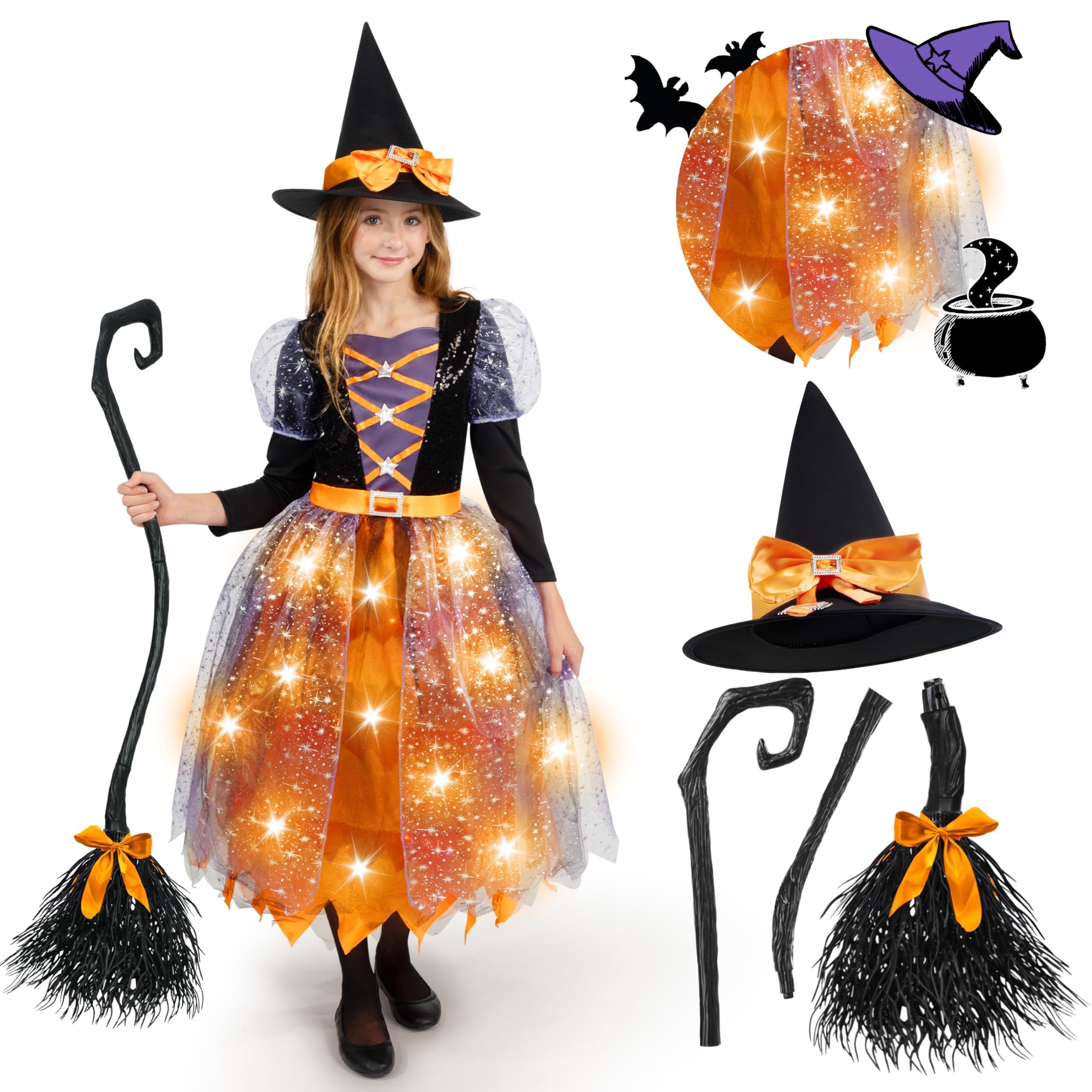 Spooktacular Creations Witch Costume Kids, Light Up Halloween Costumes Witch Dress with Hat and Broom for Girls, Sweet Wizard Set for Toddler Scary Halloween Themed Parties, Orange, M — image 1