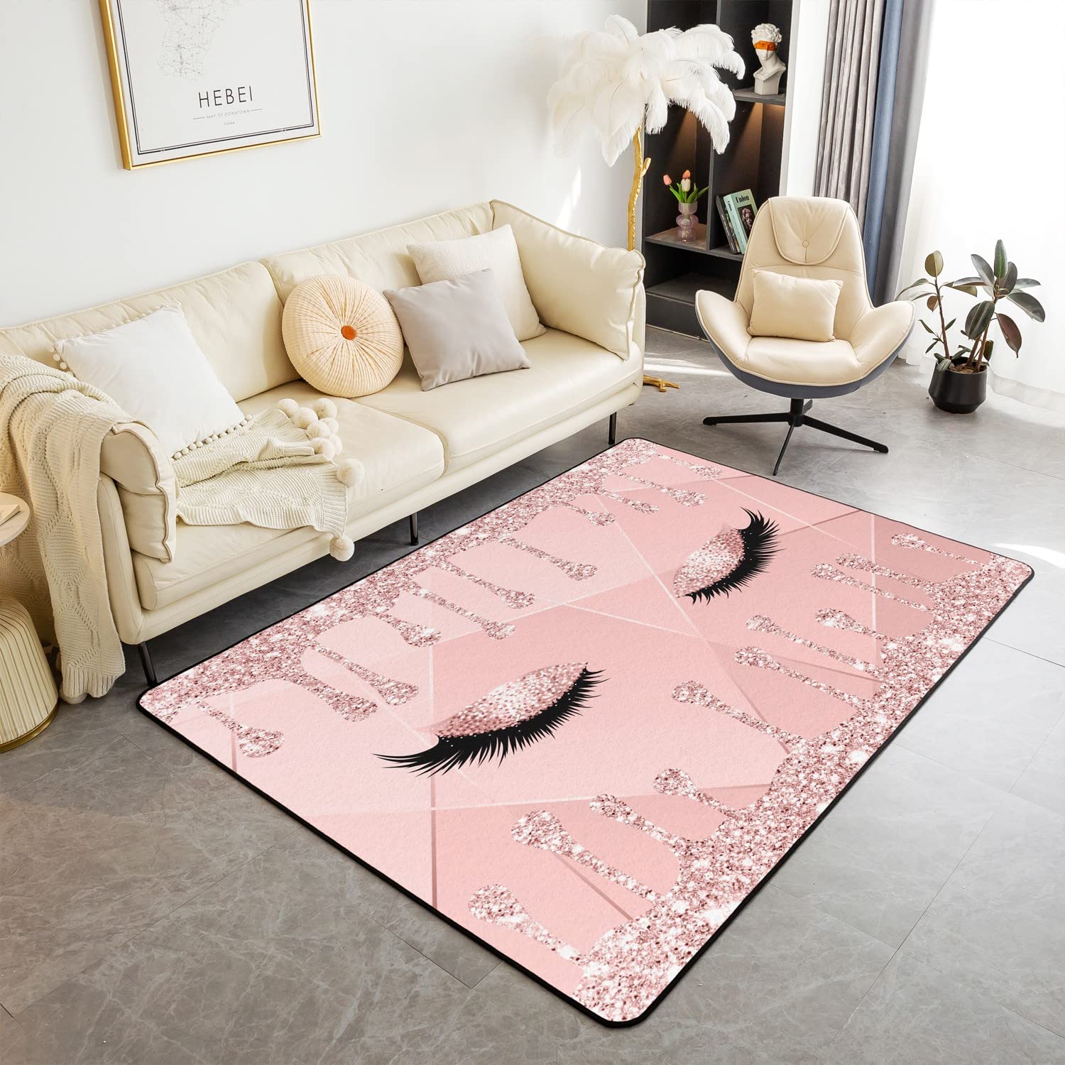 Eyelash Decorative Carpet Eyes Pattern Design Indoor Floor Mat Glitter Jade Pink Living Room Rugs for Kids Modern Simple Lovely Accent Rug Ultra Soft Room Decor Area Rug Accent Rug 150 * 200cm