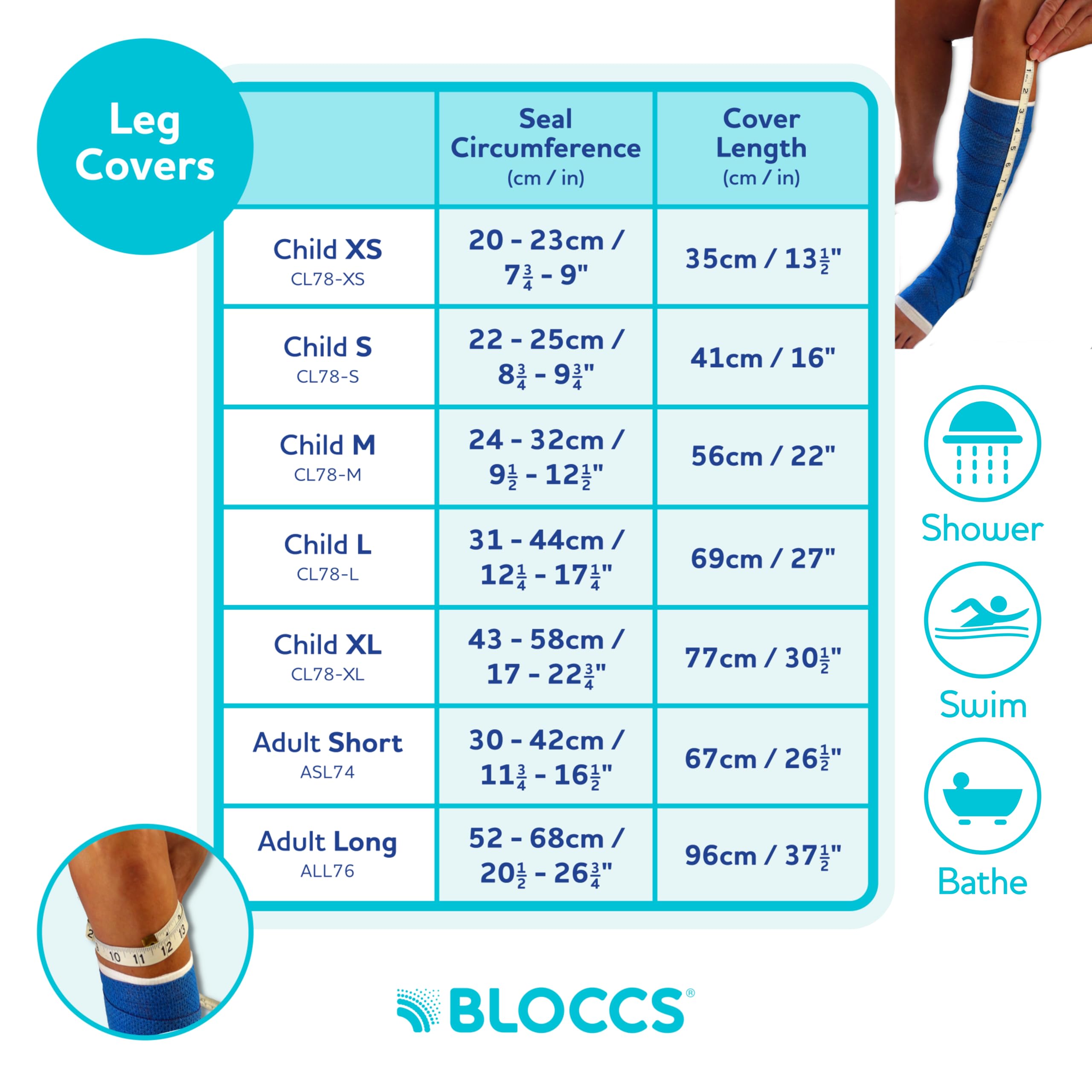 BLOCCS 100% Waterproof Cast Covers for Shower Leg- Swim Cover, Cast Bag for Bath. Durable Cast Sleeve for Swimming - #ASL74 - Adult Short Leg