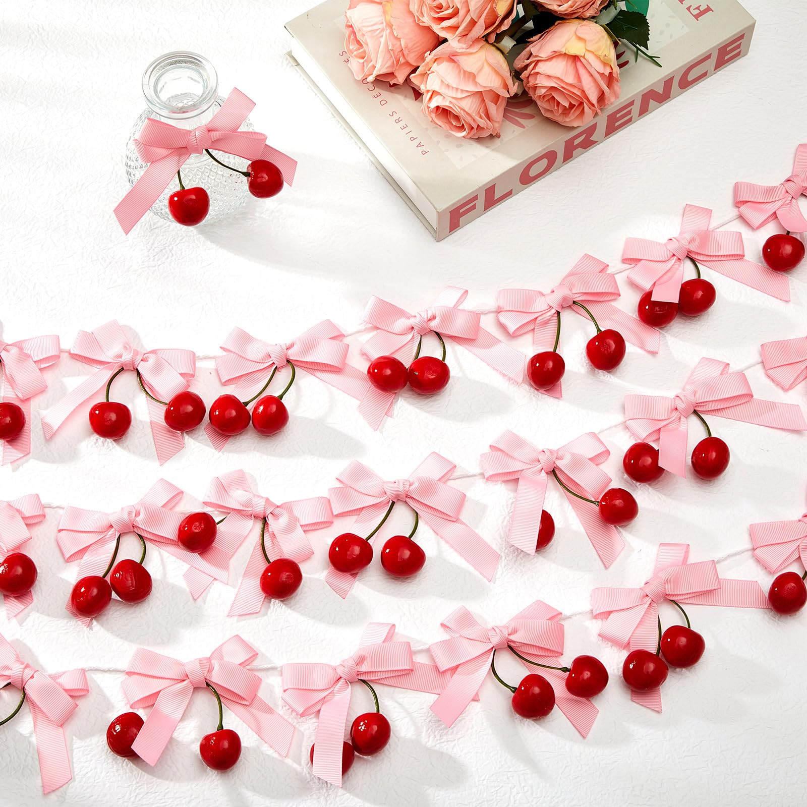 Photo 1 of 24 Pcs Pink Cherry Party Decorations Cherry Pink Bow Garland Decor Summer Cherries Party DIY Fruit Hanging Ornaments for Bedroom Kitchen Decoration Baby Shower Birthday Bachelorette Wedding