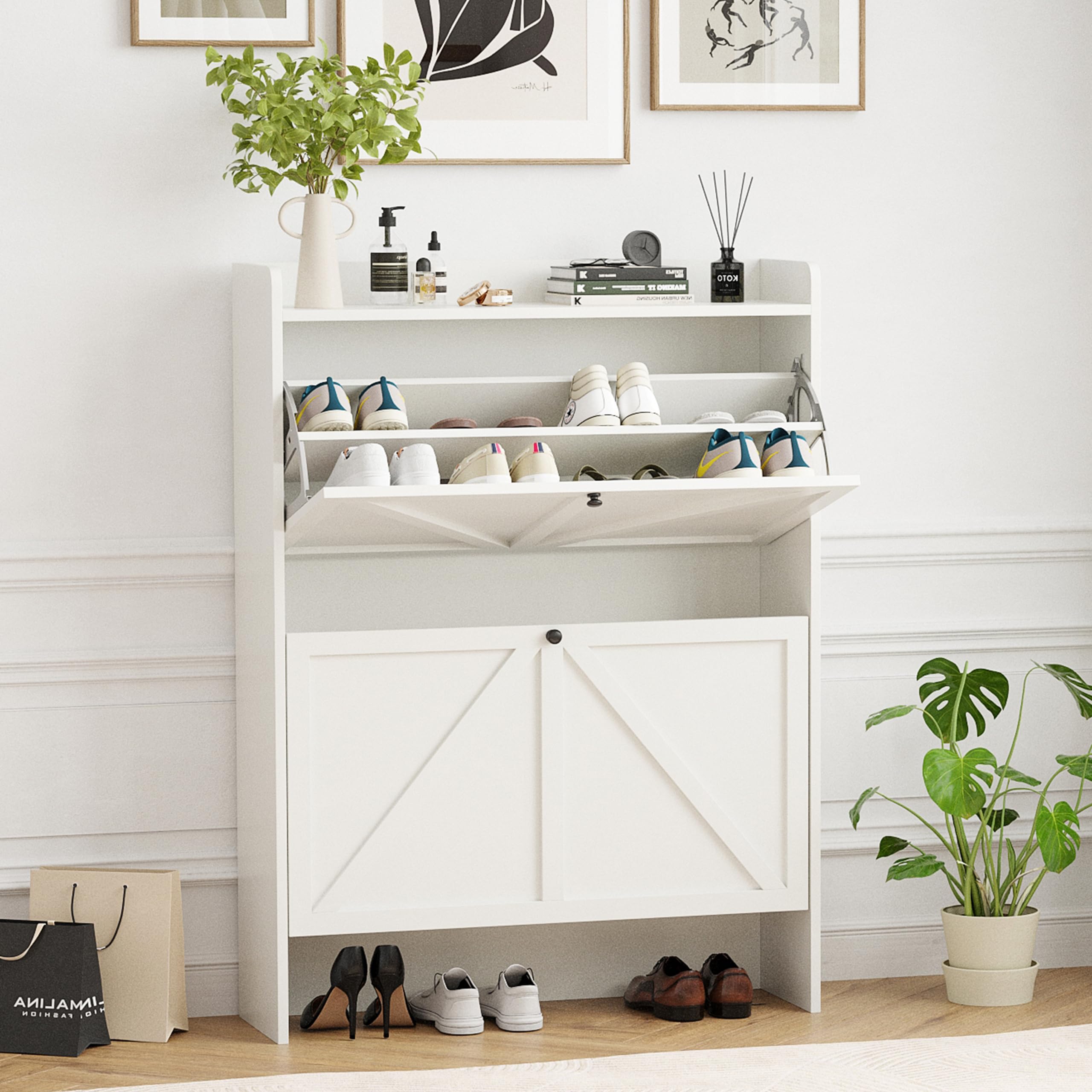 AYEASY Shoe Storage Cabinet for Entryway, Shoe Rack Cabinet for Front Door Entrance, Farmhouse Narrow Shoe Organizer with 2 Flip Drawers,Freestanding Hidden Shoe Rack for Hallway, Creamy White