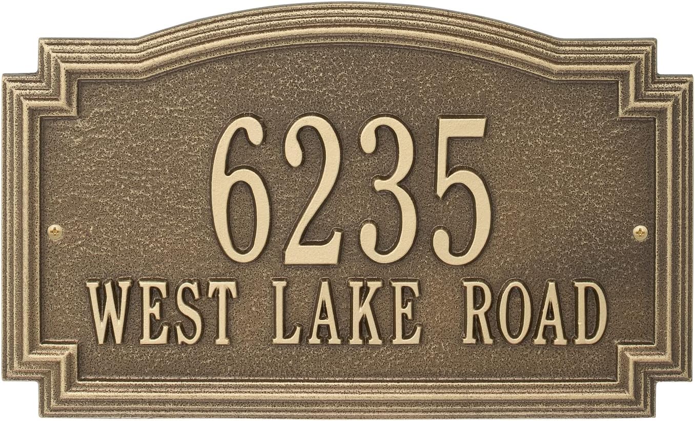 Address Signs - Whitehall Barcelos Personalized Cast Metal Address Plaque Custom House Number Sign 3399AB with Two Line in Antique Brass Color 14 X 8.5
