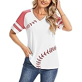 ZUNQKG Womens V Neck Baseball Shirts Short Sleeve Patchwork Baseball Print Raglan Baseball Tees