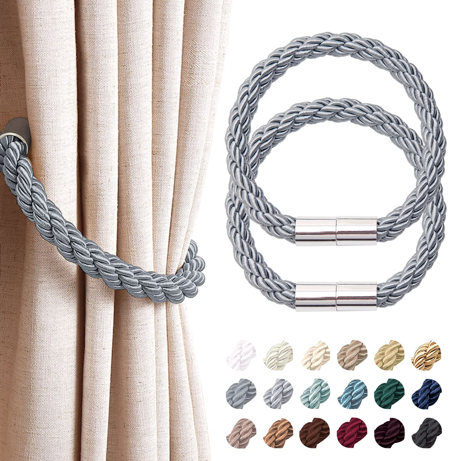 Pretty Jolly 2 Pack Strong Magnetic Curtain Tiebacks Modern Simple Style Drape Tie Backs Convenient Decorative Weave Rope Curtain Holdback for Thin or Thick Home & Office Window Drapery (Dark Grey)