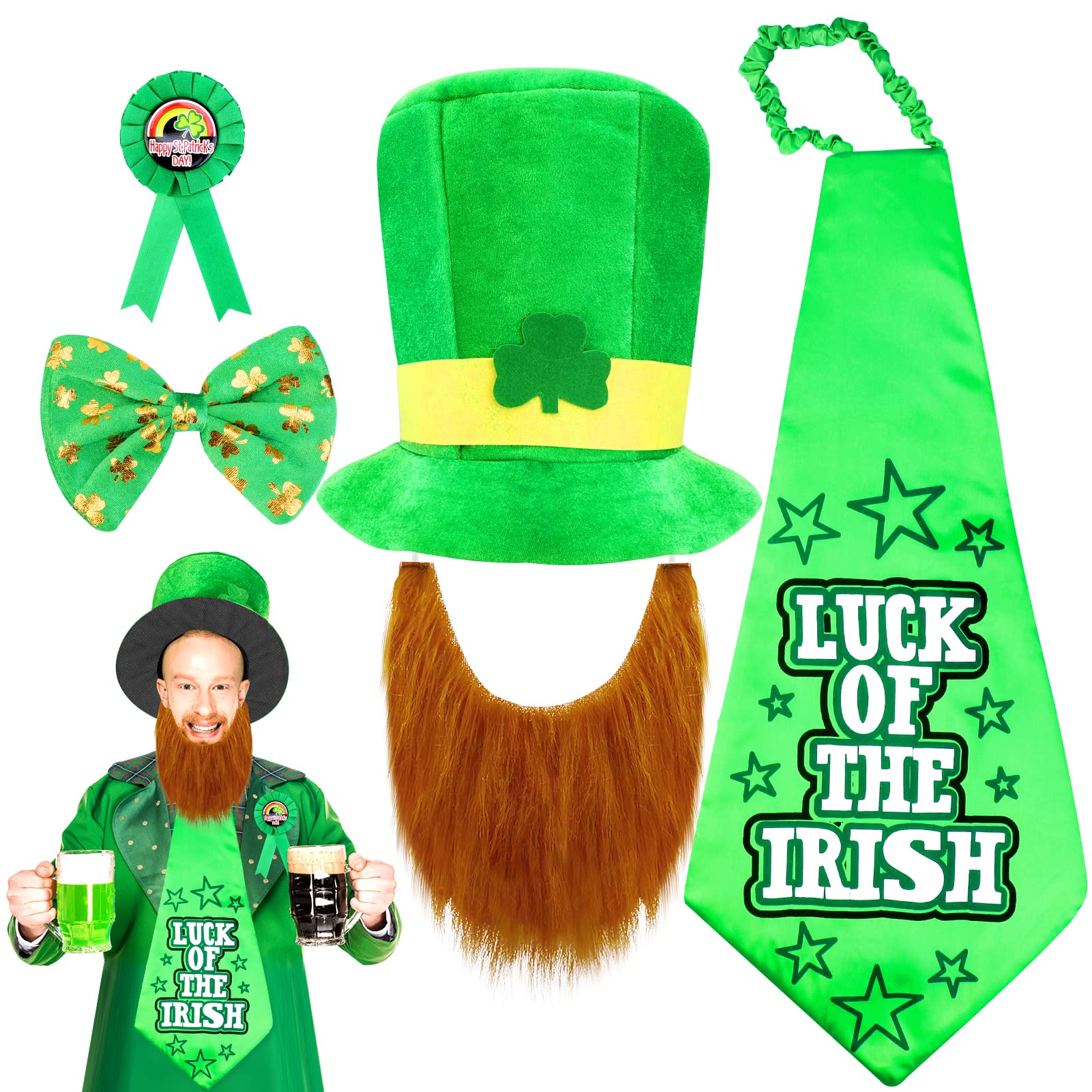 Qpout St. Patrick's Day Costume Accessories Set, Shamrock Top Hat with Beard, Bowtie, Tie, Lapel Badge, Leprechaun Hat Fancy Dress Adult Kids Party Favours for Irish St. Patricks Day Party Decoration