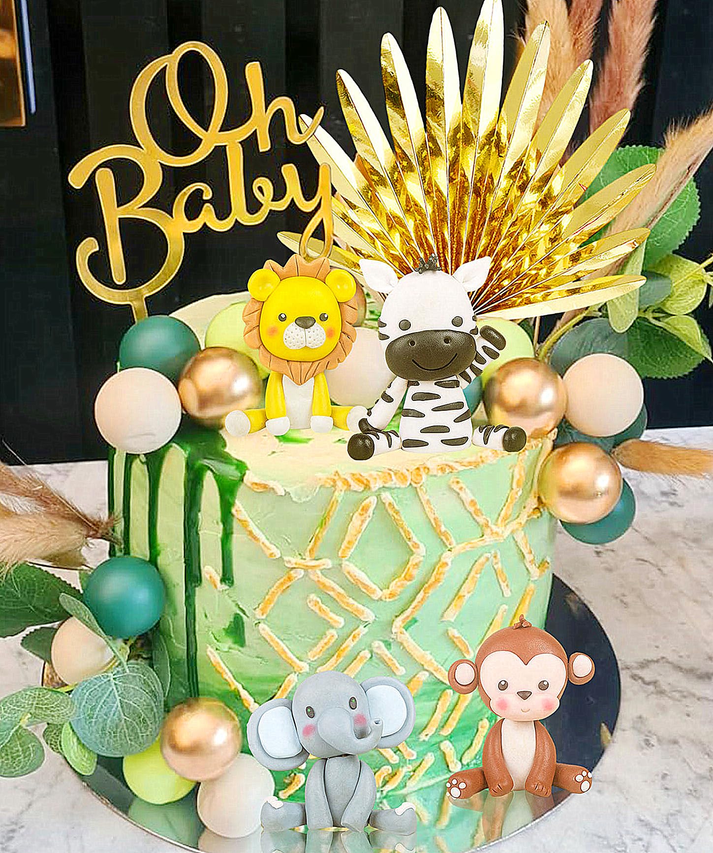 JeVenis Sage Green Balls Jungle Baby Shower Cake Decoration Safari Animals Cake Decorations Wild One Cake Decoration Two Wild Cake Topper Giraffe Monkey Cake Topper