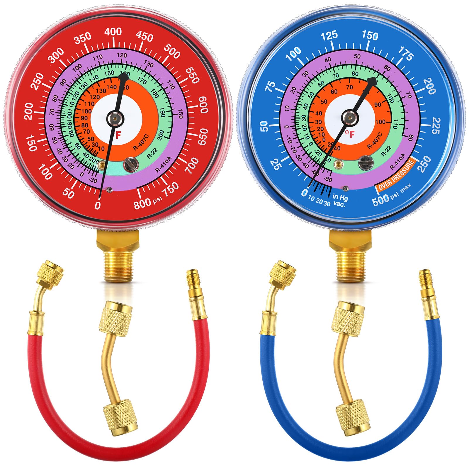 Photo 1 of Relaxweex Refrigeration Pressure Gauge with 12'' Hose Kit R22/r404/r-410a 0-800psi 1/8" Npt Lower Mount 30inhg-0-250psi, 250-500psi & 0-800psi Degree F 40345 Blue & 40344 Red Dial (80mm(3-1/8" Dial))