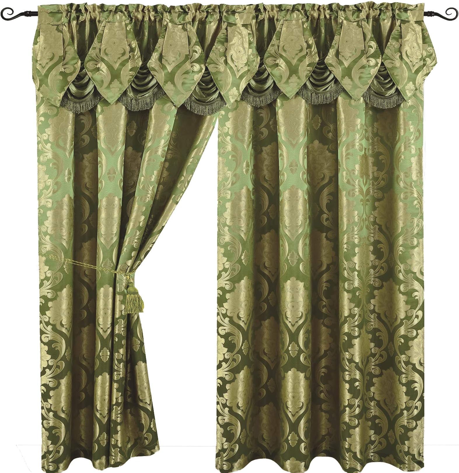 Luxury Jacquard Curtain Panel with Attached Waterfall Valance, 54 by 84-Inch Angelina Sage