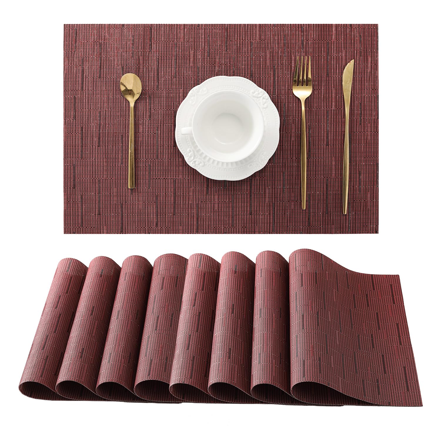 Photo 1 of Leetaltree Burgundy Placemats Set of 8 - Heat Resistant Non-Slip Place mats for Dining Table, Washable Durable PVC Vinyl Woven Table Mats?Burgundy, 8?