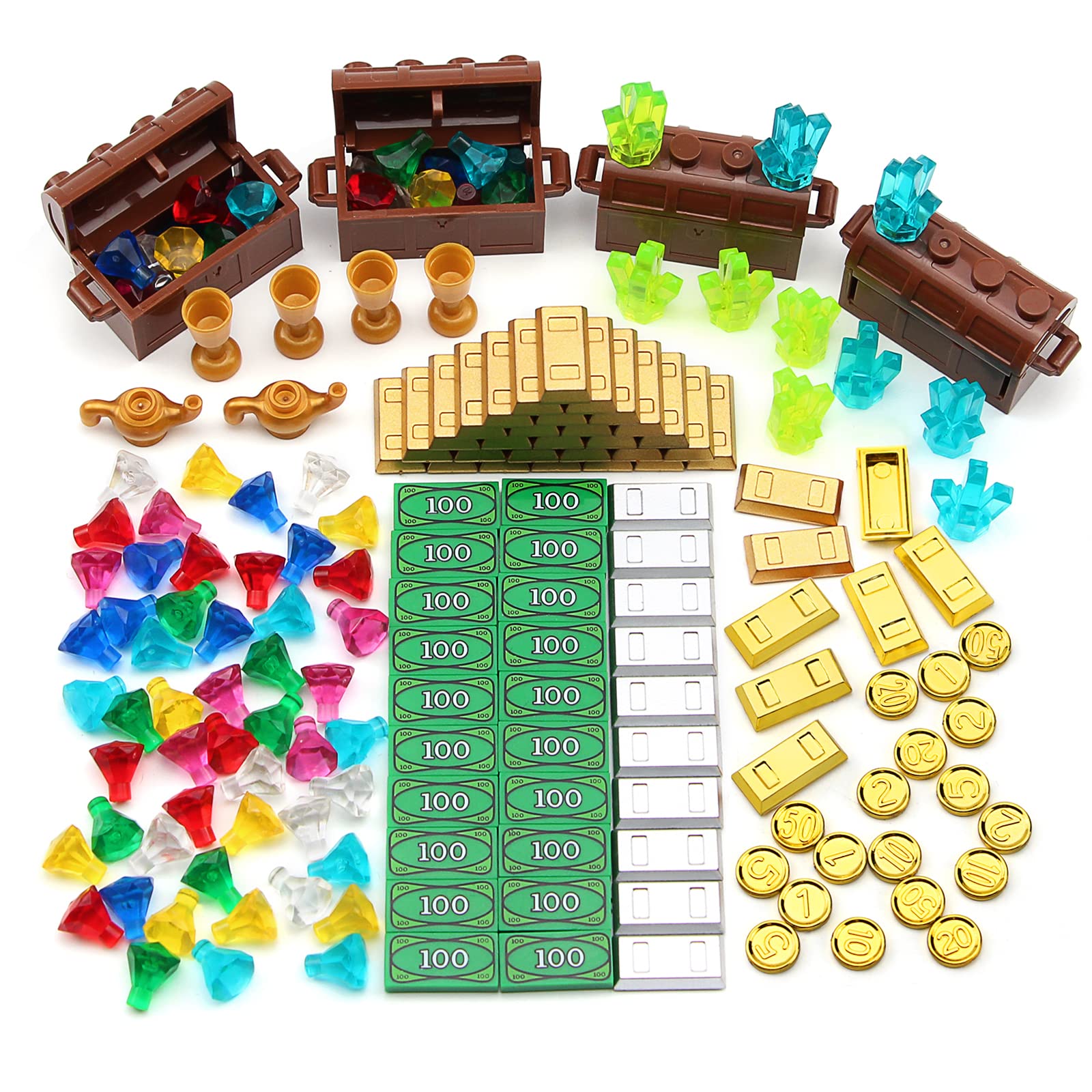 Feleph Treasure Accessories Building Blocks Set Jewel Chest, Gems Diamonds, Money Tile, Bullion Gold Silver Bar, Power Crystals, Coins, Goblet, 100 Dollar Bill Cash Toy Brick