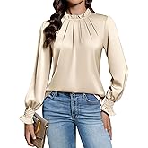 Blooming Jelly Womens Dressy Casual Blouses Pleated Satin Silk Business Tops Mock Neck Long Sleeve Shirts