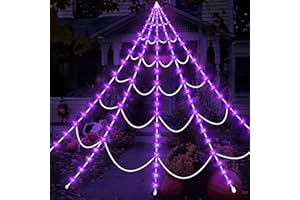 ZIVILIC Halloween Spider Web Lights 150 LED Lighted Spider Web Giant 16.4 Ft Halloween Decorations Light up with 8 Lighting Modes Waterproof & Timer for Outdoor Indoor Yard Haunted House Decor, Purple