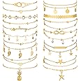 Hicarer 16 Pieces Ankle Bracelets 14K for Women Anklets Set Boho Beach Anklets Foot Chains Adjustable Foot Hand Jewelry Romantic Gift