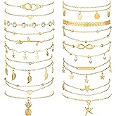 Hicarer 16 Pieces Ankle Bracelets 14K for Women Anklets Set Boho Beach Anklets Foot Chains Adjustable Foot Hand Jewelry Romantic Gift