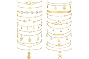 Hicarer 16 Pieces Ankle Bracelets 14K for Women Anklets Set Boho Beach Anklets Foot Chains Adjustable Foot Hand Jewelry Romantic Gift