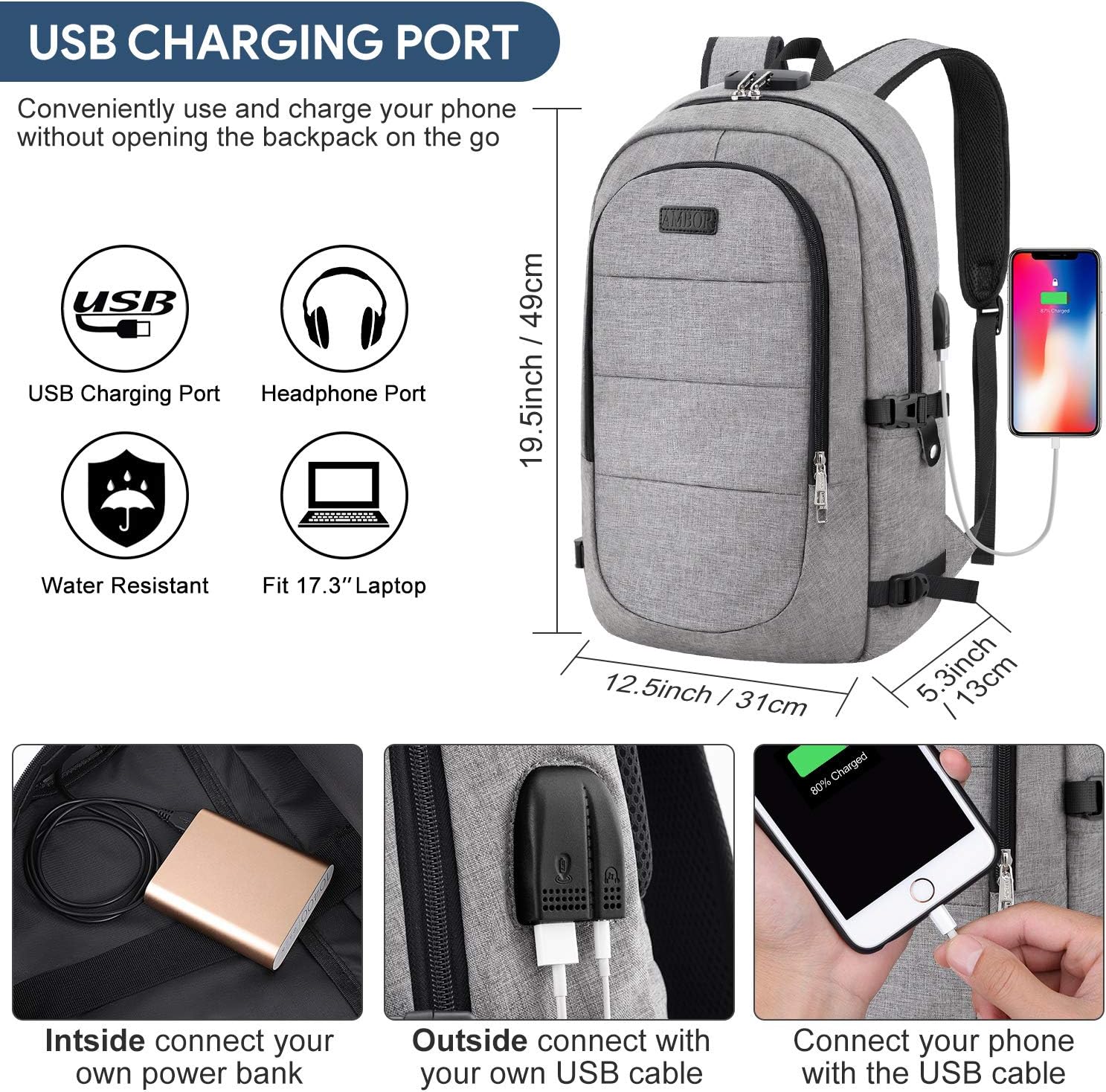 Travel Laptop Backpack, AMBOR 15.6-17.3 Inch Anti Theft Business Backpack with USB Charging Port and Headphone Interface,Large Computer Backpack School Daypack Backpack for Women and Men-Grey: Computers & Accessories
