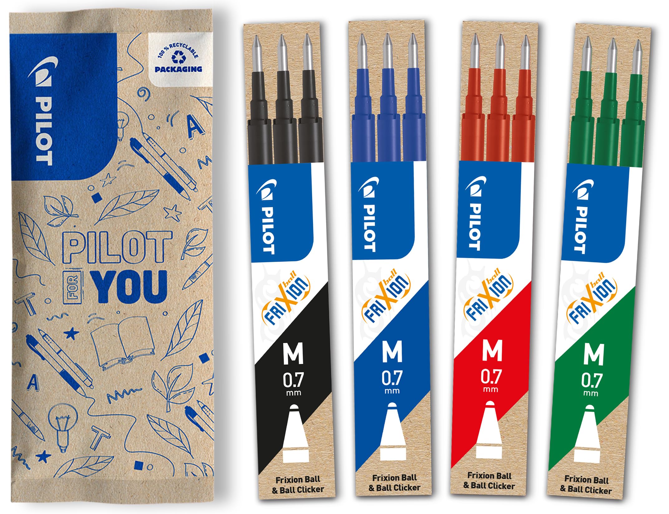 PILOT - Pack of 4 sets of 3 Refills 0,7 - Erasable ink for Frixion - Medium - Assorted Colors 1 Black, 1 Blue, 1 Red, 1 Green