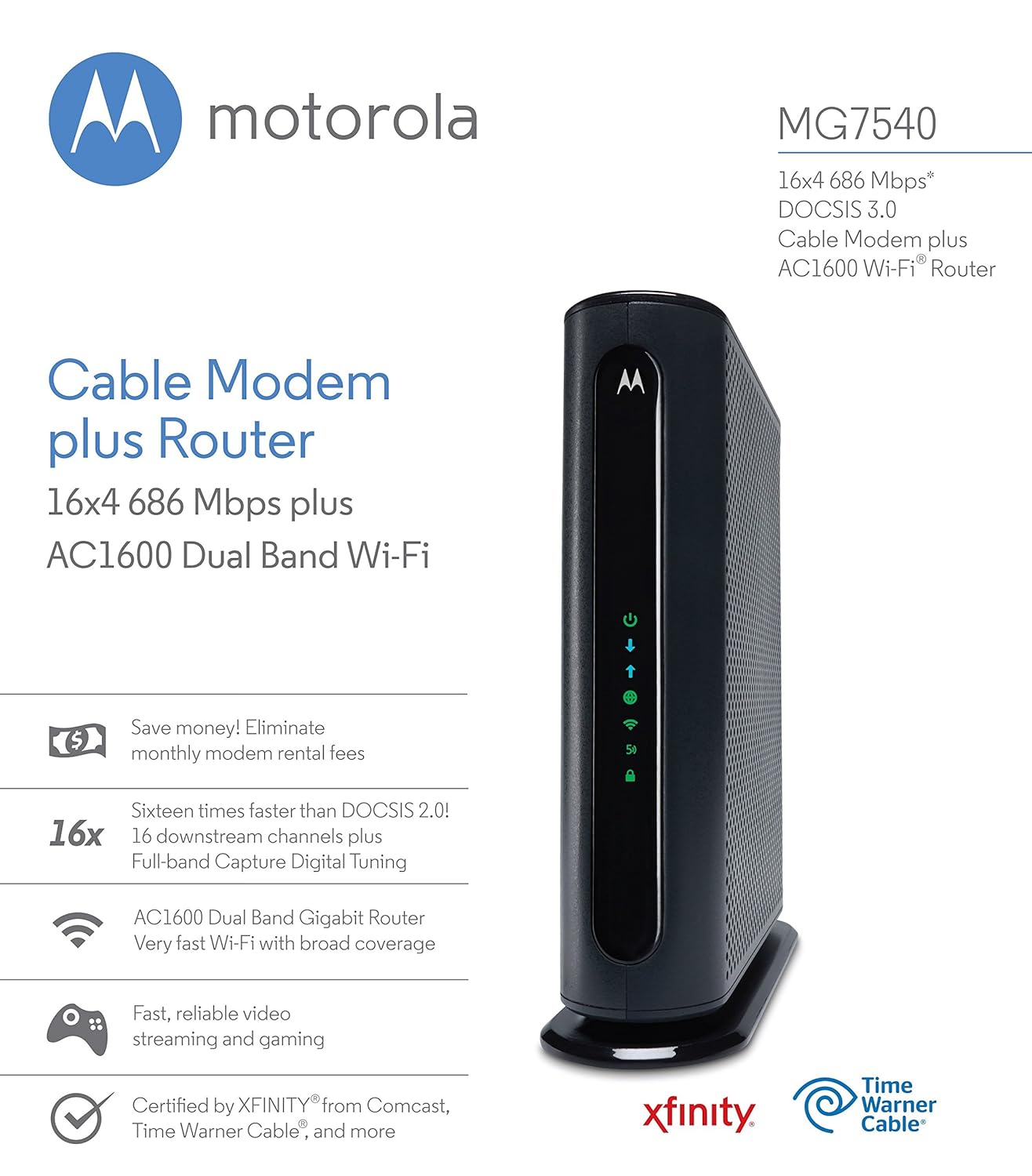 Amazon.com: MOTOROLA MG7540 16x4 Cable Modem Plus AC1600 Dual Band Wi-Fi  Gigabit Router, 686 Mbps Maximum DOCSIS 3.0 - Approved by Comcast Xfinity,  Cox, ...