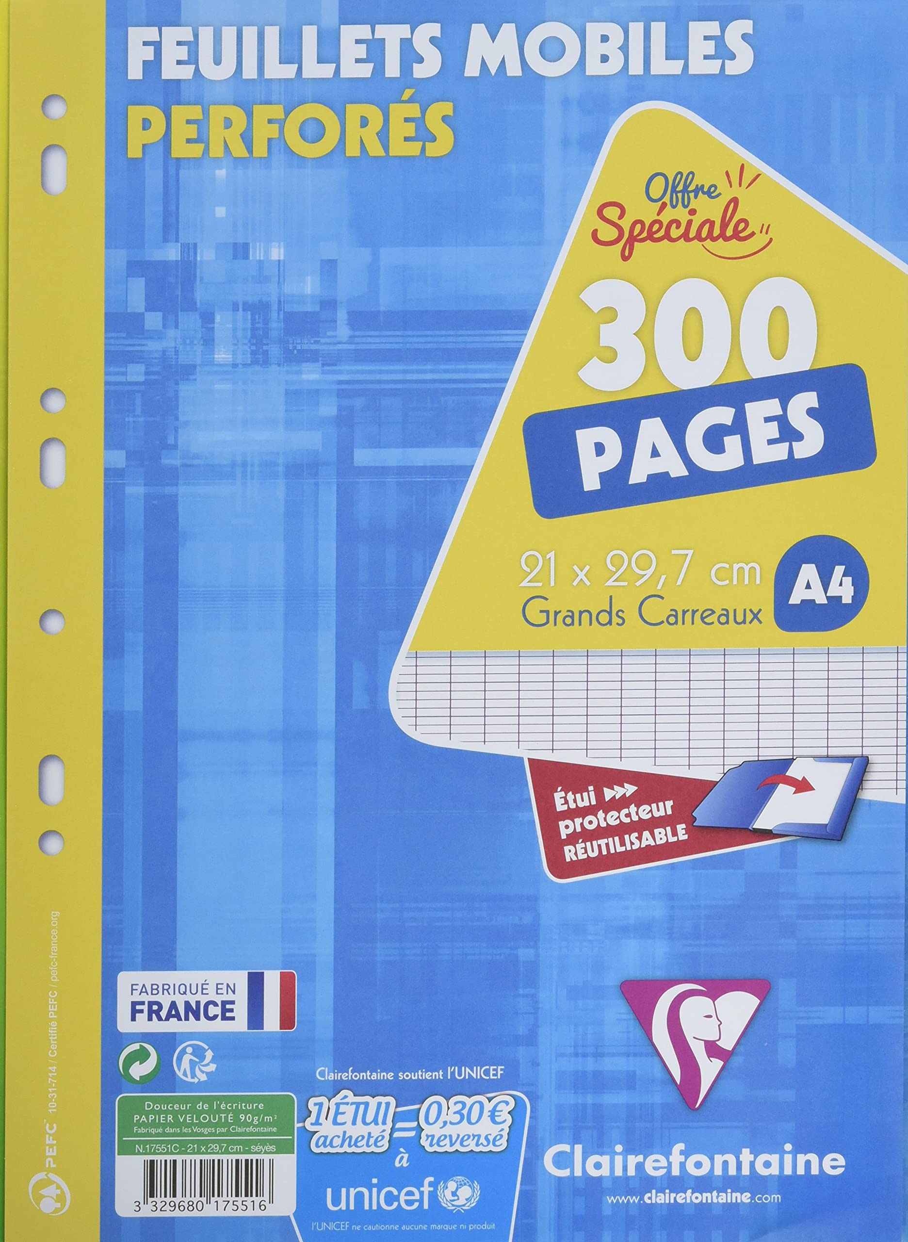 Clairefontaine 17551C - One Pack of Perforated Single Sheets - Dimensions: A4 21 x 29.7 cm - 300 Seyes Ruled Pages - White Paper 90 g - Reusable Wallet